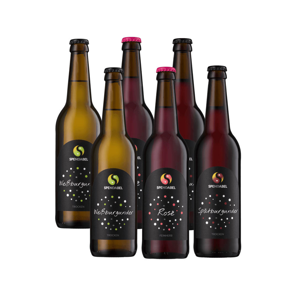 Produktfoto des SPENDABEL Probierpakets mit jeweils zwei Flaschen des Weißburgunder Weißwein trocken, dem feinherben Roséwein und des Spätburgunder Rotwein trocken