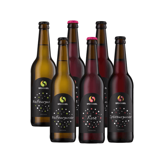 Produktfoto des SPENDABEL Probierpakets mit jeweils zwei Flaschen des Weißburgunder Weißwein trocken, dem feinherben Roséwein und des Spätburgunder Rotwein trocken