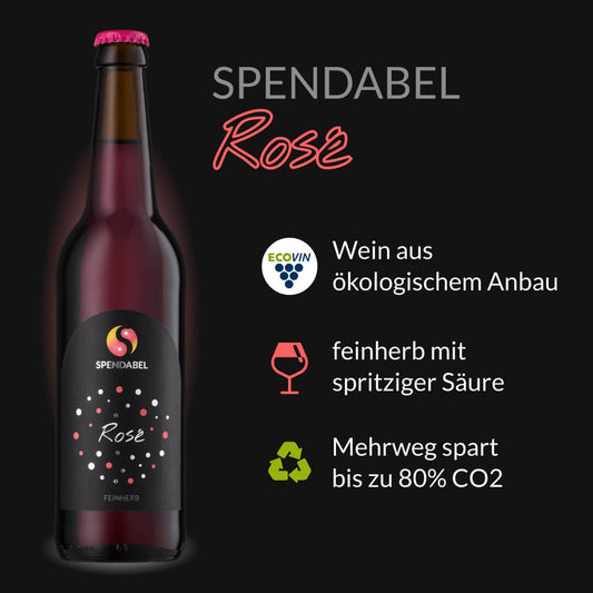 SPENDABEL Rosé Roséwein aus ökologischem Anbau trocken 2021 in einer 0,5 Liter Bierflasche auf schwarzem Hintergrund