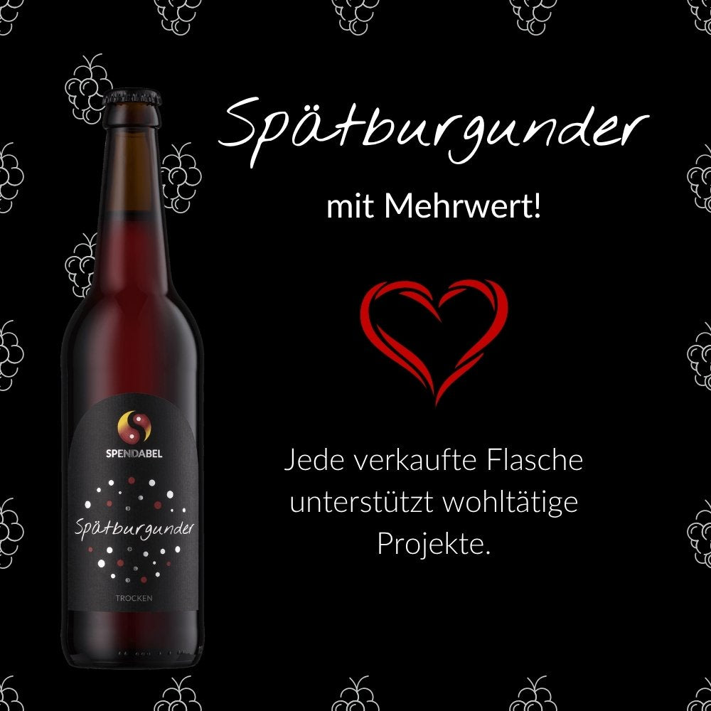 Das SPENDABEL Prinzip: Wein mit Mehrwert genießen. Das rote Herz-Icon symbolisiert das soziale Versprechen, dass jede verkaufte Flasche automatisch ein wohltätiges Projekt unterstützt.