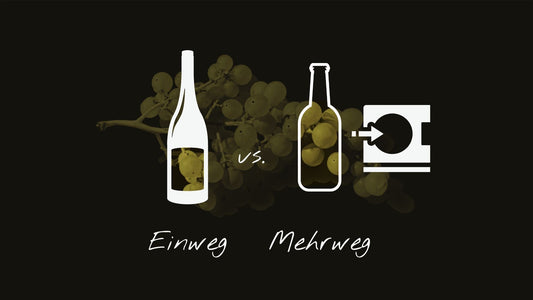 Wissenswertes zum Thema Weinflaschen: Titelgrafik zur Gegenüberstellung von Einweg und Mehrwegflaschen für Wein und welche Alternative nachhaltiger ist.