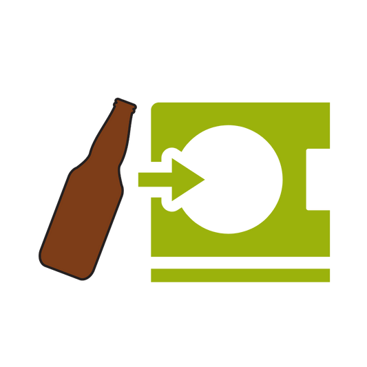 Icon einer braunen Mehrwegflasche, die in den Pfandautomaten gelegt wird zur Illustration des Mehrwegsystems.