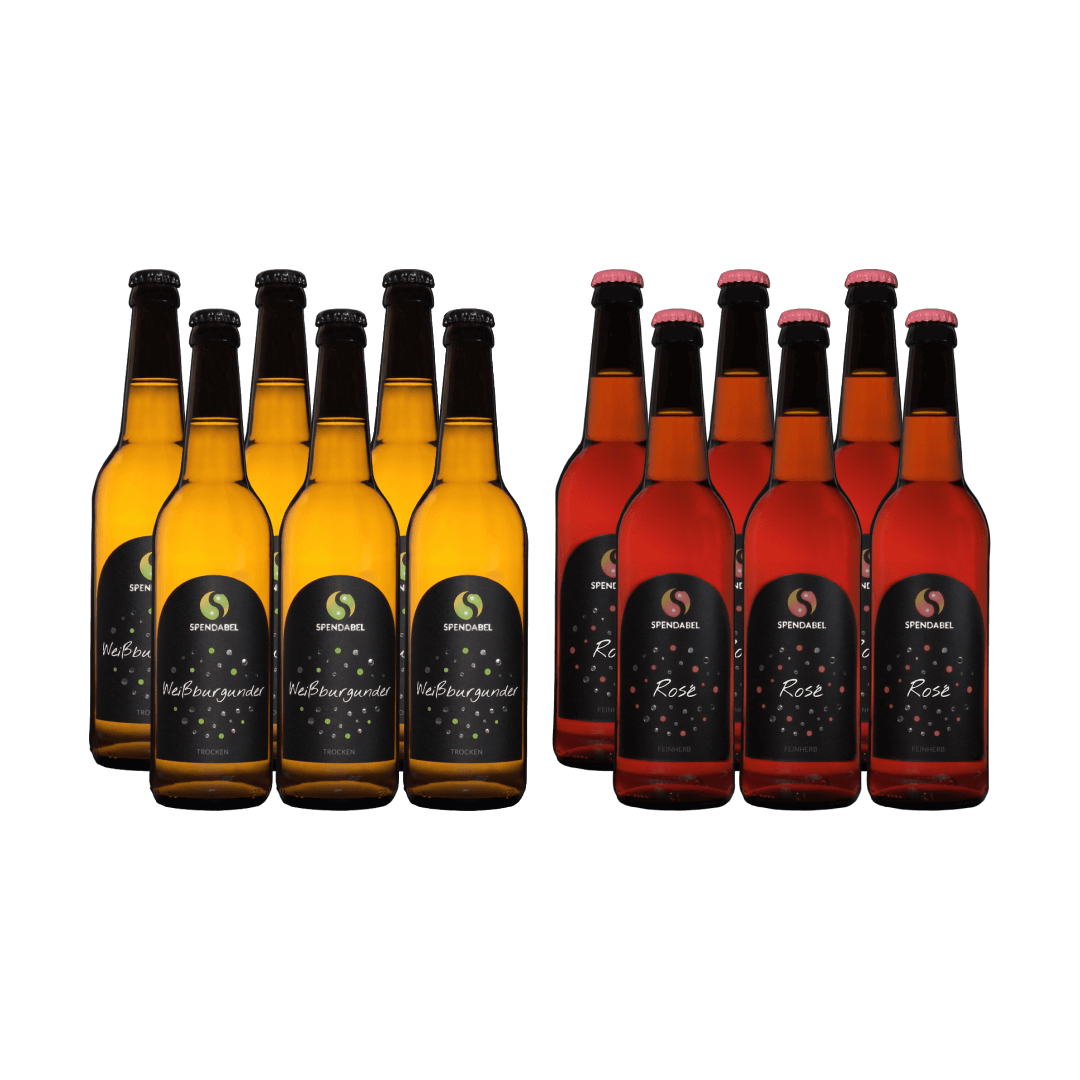 6 Flaschen SPENDABEL Weißburgunder und 6 Flaschen SPENDABEL Rosé in 0,5 Liter Bierflaschen ohne Hintergrund