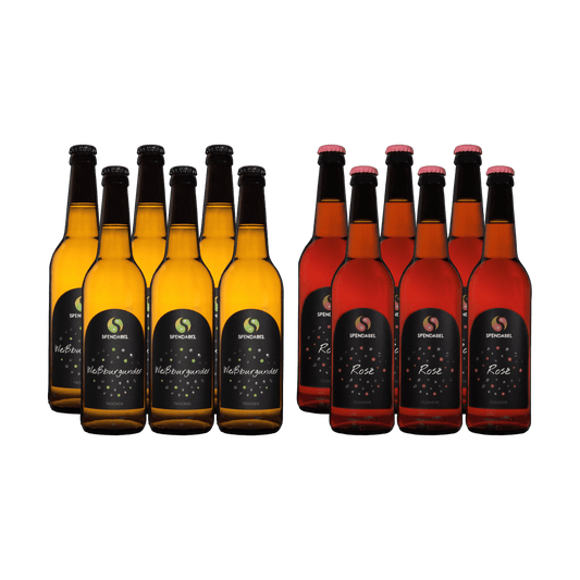 6 Flaschen SPENDABEL Weißburgunder und 6 Flaschen SPENDABEL Rosé in 0,5 Liter Bierflaschen ohne Hintergrund