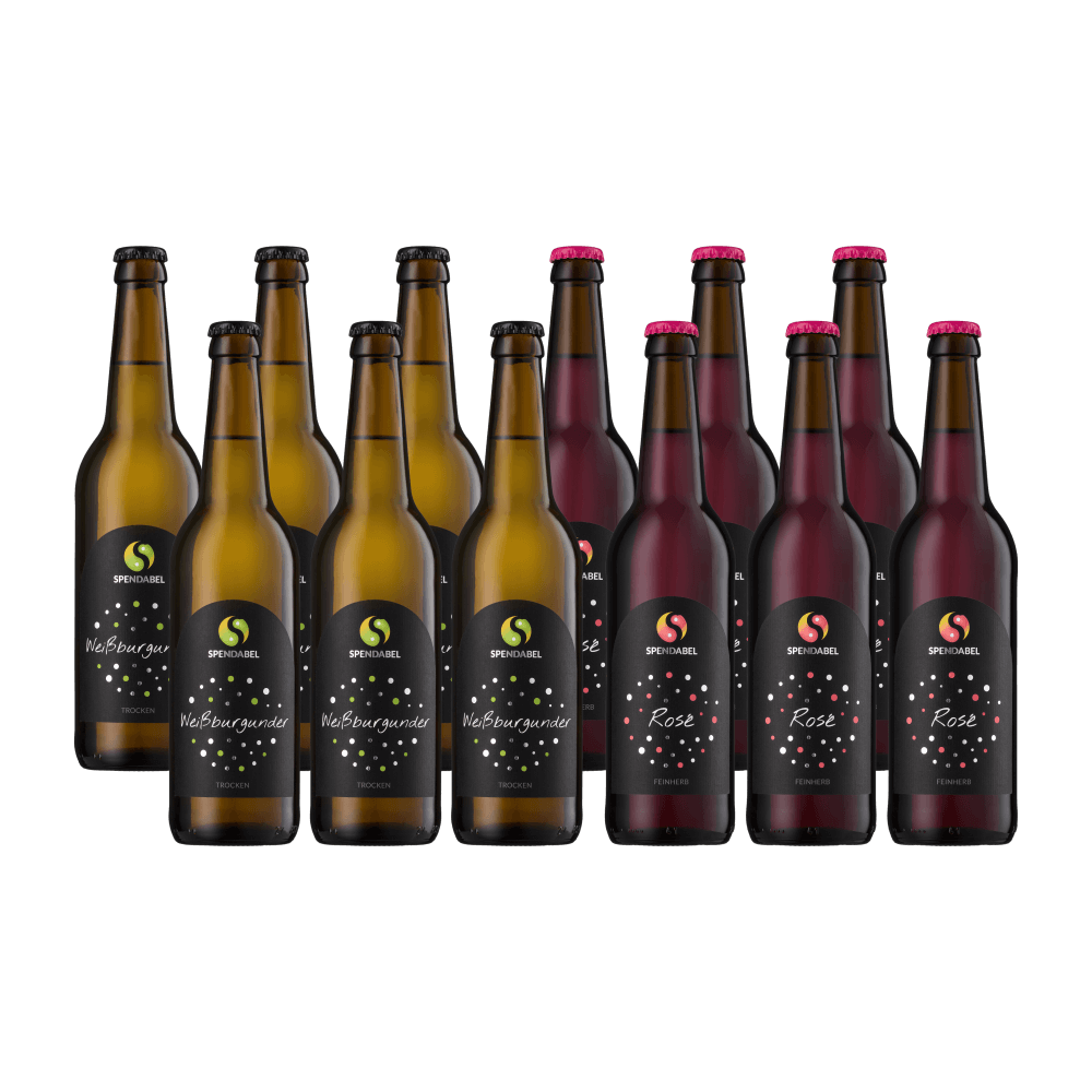 6 Flaschen SPENDABEL Weißburgunder und 6 Flaschen SPENDABEL Rosé in 0,5 Liter Bierflaschen ohne Hintergrund