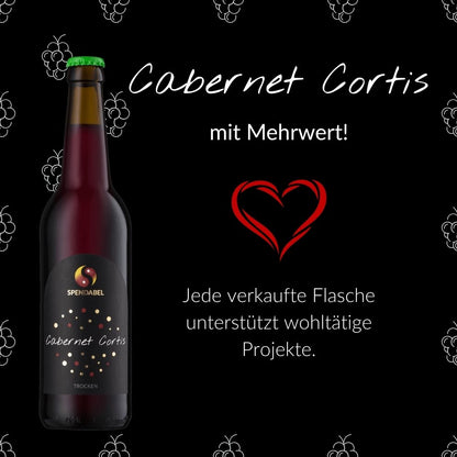Sozialer Mehrwert: Jede Flasche SPENDABEL Wein spendet für den guten Zweck. Grafik mit Herz-Icon zum sozialen Projekt-Support.
