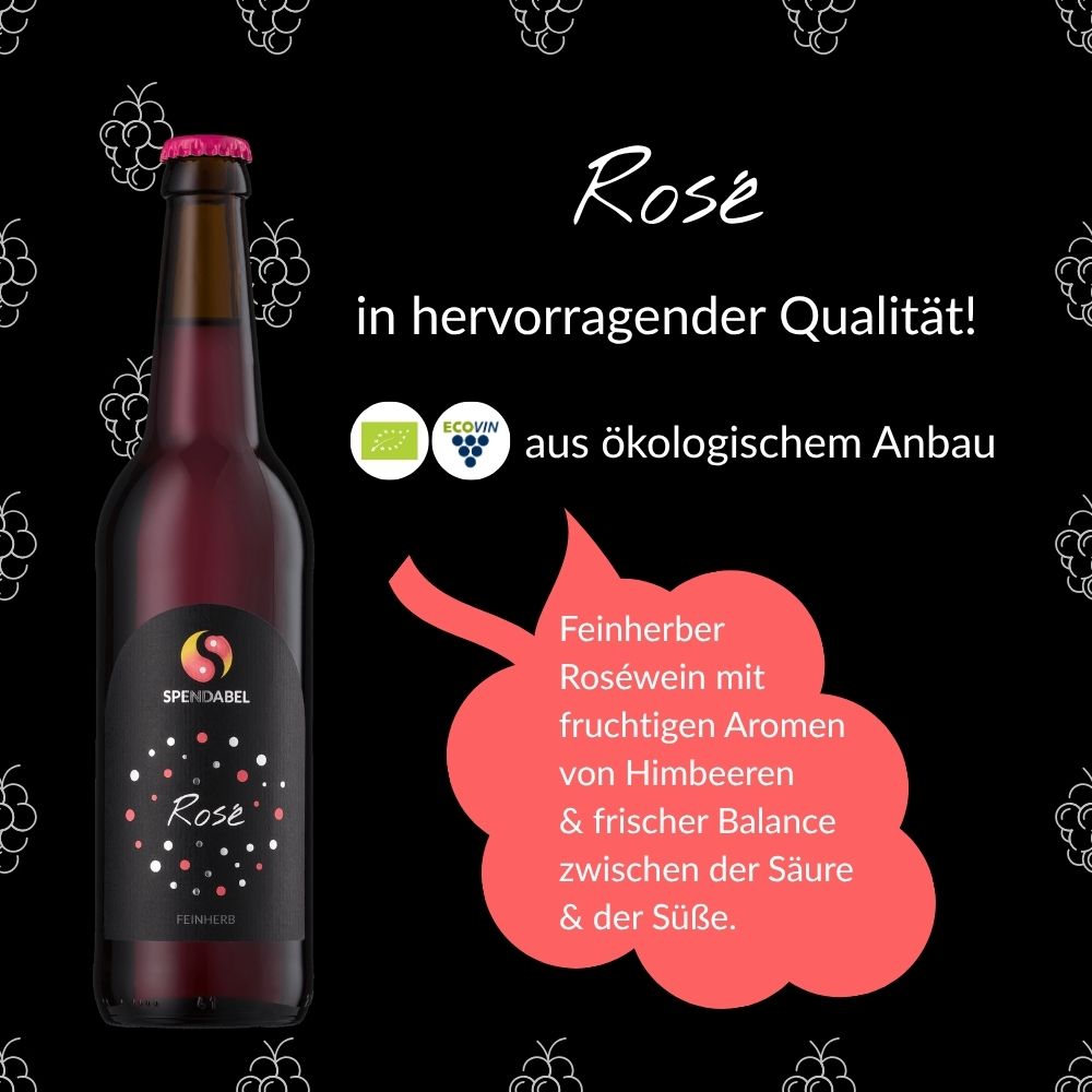 Qualitätsversprechen für SPENDABEL Rosé: EU Bio und Ecovin Logo und Geschmacksprofil eines feinherben Roséwein mit Himbeeraromen und frische Balance zwischen Säure und Süße auf rosa Weintrauben-Icon.
