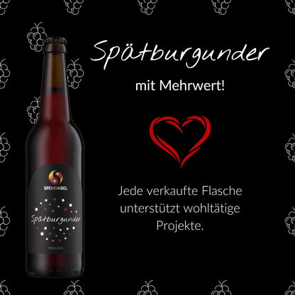 Das SPENDABEL Prinzip: Wein mit Mehrwert genießen. Das rote Herz-Icon symbolisiert das soziale Versprechen, dass jede verkaufte Flasche automatisch ein wohltätiges Projekt unterstützt.