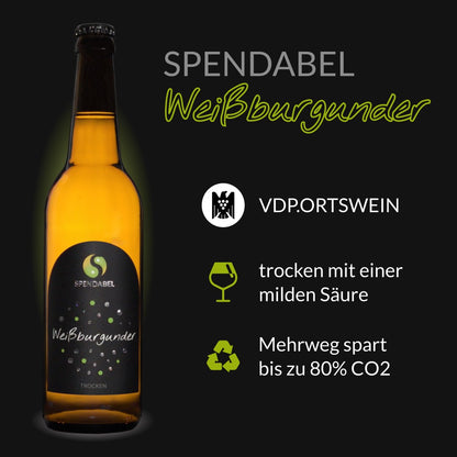 Weißburgunder VDP Ortswein trocken 2023 in einer 0,5 Liter Bierflasche auf schwarzem Hintergrund