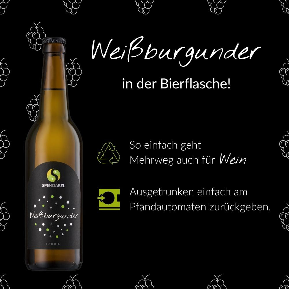 Nachhaltigkeitskonzept von SPENDABEL: Weißburgunder in der Bierflasche mit Mehrweg-Icon. Hinweis zur einfachen Rückgabe der leeren Weinflaschen an herkömmlichen Pfandautomaten.