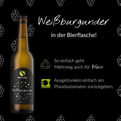 Nachhaltigkeitskonzept von SPENDABEL: Weißburgunder in der Bierflasche mit Mehrweg-Icon. Hinweis zur einfachen Rückgabe der leeren Weinflaschen an herkömmlichen Pfandautomaten.