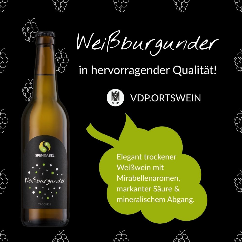Qualitätsversprechen für SPENDABEL Weißburgunder: VDP Logo, VDP.Ortswein Klassifizierung und Geschmacksprofil mit Mirabellenaroma, markanter Säure und mineralischem Abgang auf grünem Weintrauben-Icon.