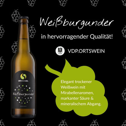 Qualitätsversprechen für SPENDABEL Weißburgunder: VDP Logo, VDP.Ortswein Klassifizierung und Geschmacksprofil mit Mirabellenaroma, markanter Säure und mineralischem Abgang auf grünem Weintrauben-Icon.