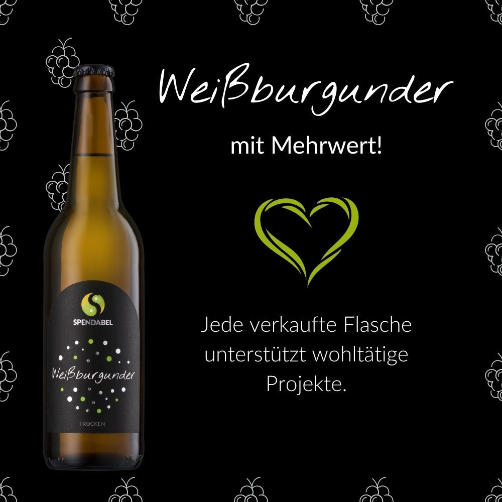 Soziales Engagement von SPENDABEL: Illustration mit grünem Herz-Icon und dem Text „Weißburgunder mit Mehrwert“. Jede verkaufte Flasche unterstützt automatisch wohltätige Projekte.