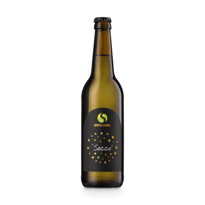 Flasche SPENDABEL Secco in der braunen 0,5L Mehrwegflasche mit schwarzem Etikett und schwarzem Kronkorken